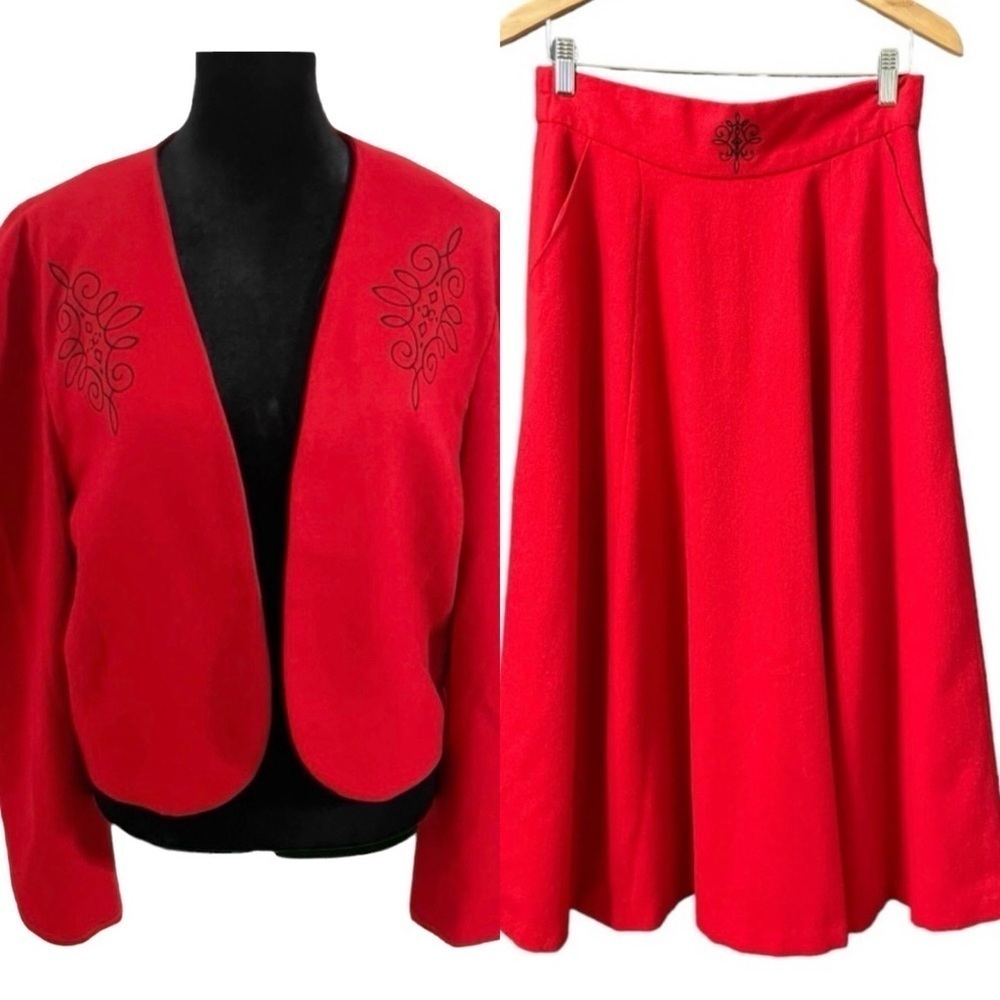 VTG LESLIE FAY Red Wool  Bolero Jacket and Skirt Sz 10 Lined Embroiderey Trim